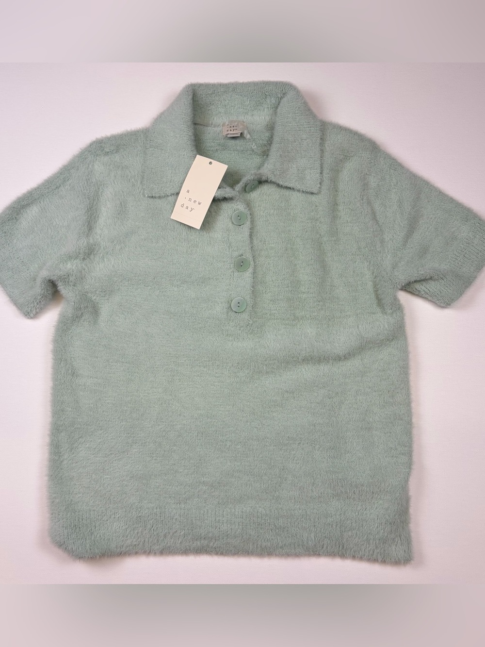 NWT A NEW DAY MINT GREEN FUZZY KNIT SHORT SLEEVE POLO SWEATER SIZE XS